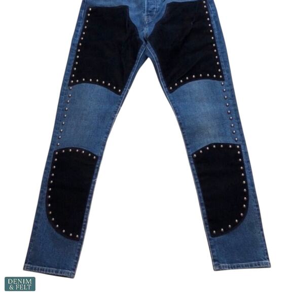 Levi’s x Free People 501 Skinny Studded Patch Jeans Blue Black Velvet Detail 26 - Picture 4 of 13